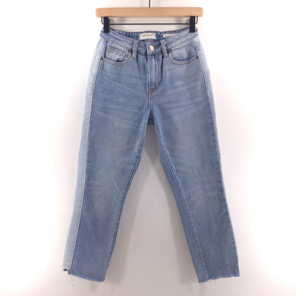 PacSun Women Jeans Mom Jean 24 Blue Two Tone Side Stripeā High Rise Raw Hem